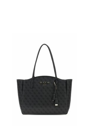 Sac cabas noir Guess avec motif logo en relief, deux anses, plaque logo dorée et étiquette décorative suspendue à l'avant.