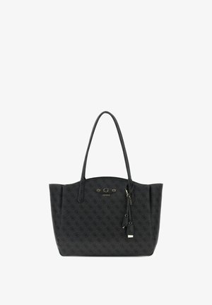 Sac cabas noir Guess avec motif logo en relief, deux anses, plaque logo dorée et étiquette décorative suspendue à l'avant.