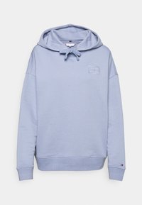 Sudadera de color azul claro en mezcla de algodón, con un bolsillo frontal, puños y dobladillo acanalados, y un pequeño logo bordado en el pecho.