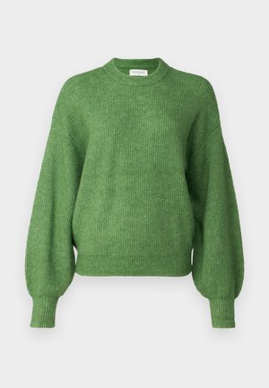 Maglione verde lavorato a maglia con maniche lunghe a palloncino e polsini e orlo a coste, con scollo rotondo.