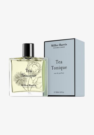 Eau de Parfum-Flasche mit quadratischer Form, klarem Glas und schwarzem Deckel. Verziert mit schwarzen floralen Illustrationen. Begleitet von einer hellblauen Box.