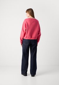 Pink sweatshirt with a crew neck and dropped shoulders, paired with wide-leg dark denim jeans. Smooth texture and relaxed fit.