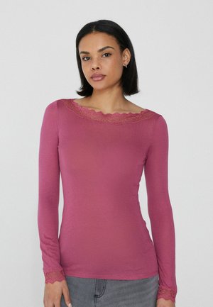 Langsleeve, aansluitend top in mauve met golvende kanten randen langs de halslijn en mouwen, gemaakt van zachte, rekbare stof.