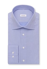 Chemise habillée bleu clair pliée avec de fines rayures verticales foncées, boutons blancs et col classique, étiquetée seidensticker.