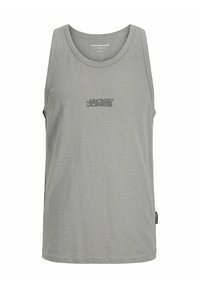 Camiseta sin mangas gris de algodón, con un escote redondeado y un pequeño logo impreso en el pecho. Diseño simple y liso.
