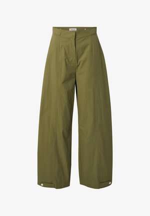 Olive green wide-leg pants made of lightweight fabric. Features front pleats, a zip closure, and button accents at the hem.