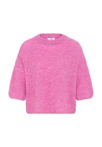 Heled roosa lühikeste varrukatega kootud sviiter ümmarguse kaelusega ja pehme, udune tekstuuriga.