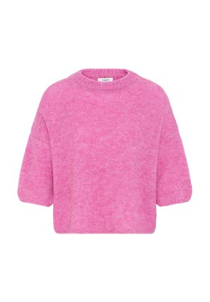 Ryškiai rožinė trumpomis rankovėmis megzta suknelė su apvaliu iškirpimu ir minkšta, pūkuota tekstūra.