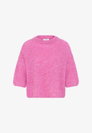 Ryškiai rožinė trumpomis rankovėmis megzta suknelė su apvaliu iškirpimu ir minkšta, pūkuota tekstūra.