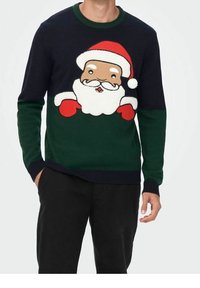 Maglione di Natale lavorato a maglia con grafica del volto di Babbo Natale, blocchi di colore blu navy e verde, colletto rotondo e polsini e orlo a costine.