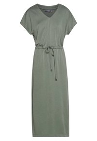 Vestido midi verde suave con mangas cortas, escote en V y cintura ajustable con cordón.