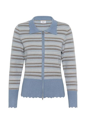 Cardigan bleu clair zippé avec col et ourlet festonnés, présentant des rayures horizontales beiges et blanches sur le haut du corps et les manches.