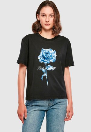 Black cotton t-shirt featuring a large blue rose graphic with the text "Rise & Stay" below it. Short sleeves and a relaxed fit.