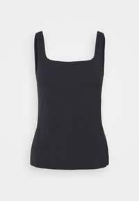 Débardeur noir à encolure carrée et larges bretelles. Tissu lisse et extensible avec une silhouette ajustée et des fentes latérales.