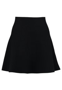 Black skirt with a flared design, crafted from smooth fabric. Features a high waist and a simple, clean silhouette without embellishments.