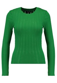 Grünes Langarmshirt mit Rundhalsausschnitt, verfügt über eine gerippte Textur und eine taillierte Passform. Hergestellt aus einem dehnbarem Stoff für hohen Tragekomfort.