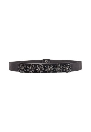 Ceinture élastique noire avec un panneau rectangulaire orné de motifs floraux en strass noirs regroupés et une fermeture à bouton-pression.