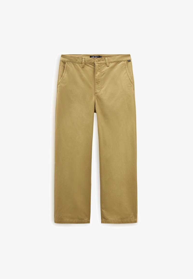 Pantalon marron clair à jambes droites avec passants de ceinture, bouton avant, fermeture éclair et poches latérales, présenté à plat sur un fond blanc.