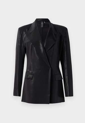Black blaser with a glossy finish, featuring a notched lapel, two front pockets, and a fitted silhouette. Long sleeves complete the design.
