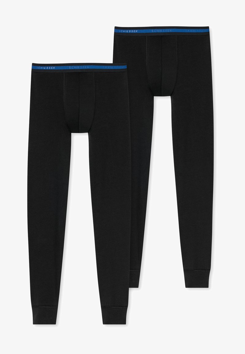 Black leggings made of soft cotton with a blue waistband. Features a fitted design and ribbed cuffs at the ankle. Set of two included.