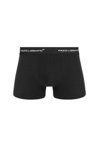 Czarne bawełniane bokserki o gładkiej fakturze, z białą markową gumką w talii, na której widnieje wyraźny napis "PAKO LORENTE".