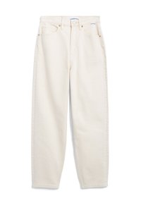 Jean droit taille haute couleur blanc cassé avec poches avant, passants pour ceinture, fermeture par bouton, et étiquette de marque visible sur la ceinture.