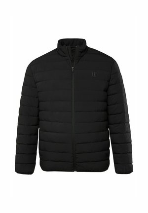 Chaqueta de plumas negra con cuello alto, diseño acolchado, cierre frontal con cremallera y un pequeño logo impreso en la parte superior izquierda.