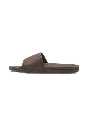 Brown rubber slide sandal with a wide strap, textured design, and horizontal grooves. Flat sole with a slightly raised heel. Lightweight construction.