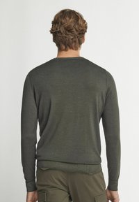 Oliwkowy sweter z długim rękawem, z okrągłym dekoltem, wykonany z miękkiego materiału, z prążkowanymi mankietami i dołem, gładką teksturą i dopasowanym krojem.