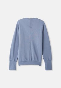 Felpa di cotone blu con collo rotondo, maniche lunghe, polsini arricciati e dettagli di cucitura sul retro. Texture morbida e vestibilità rilassata.