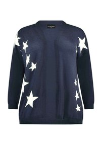 Námořnický kardigan z měkkého pleteného materiálu, s velkými bílými hvězdami na přední straně, volným střihem a otevřeným předním designem.