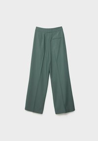 Spodnie z wysokim stanem, szerokimi nogawkami w stonowanej zieleni, z tylną kieszenią z wypustką, eleganckimi plisami i gładkim paskiem w talii.
