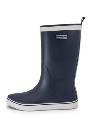 Marineblauwe rubberen regenlaars tot halverwege de kuit met een witte rand langs de zool en het "Armor-lux" logo aan de zijkant, voorzien van een aantreklipje aan de achterkant.