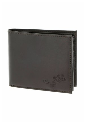 Dark brown leather bifold wallet with embossed gecko design on bottom right corner, shown closed at slight angle.