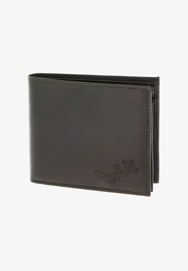 Cartera bifold de cuero marrón oscuro con diseño en relieve de gecko en la esquina inferior derecha, mostrada cerrada en un ángulo leve.