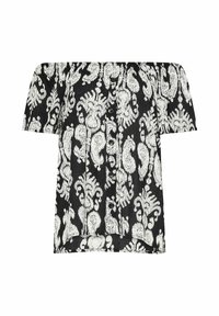 Top de hombros descubiertos en blanco y negro con un patrón, de mangas cortas, que presenta botones y una tela texturizada.