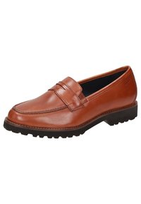 Braune Lederloafer mit gestepptem Design, zum Hineinschlüpfen und mit einer strukturierten Gummisohle für guten Halt.