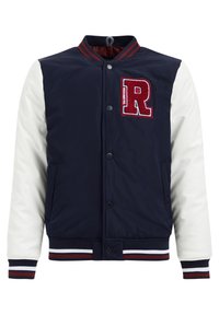 Navy blue bomber jacket with white sleeves, ribbed collar, and striped cuffs. Features a red embroidered letter "R" on the front.
