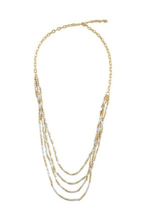 Collier chaîne en or avec quatre rangs drapés d'alternance de petites perles cylindriques en or et en argent.