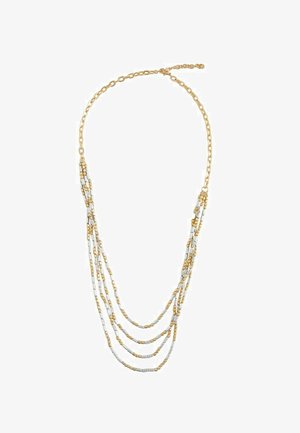 Collier chaîne en or avec quatre rangs drapés d'alternance de petites perles cylindriques en or et en argent.