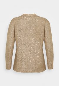 Langärmelige Strickjacke aus goldfarbenen Pailletten. Verfügt über einen runden Ausschnitt, eine strukturierte Textur und eine lockere Passform mit verstreuten glänzenden Akzenten.