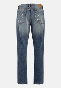 Jeans in denim blu con una finitura sbiadita, dettagli strappati e due tasche posteriori. Forma a gamba dritta con cuciture e finiture standard.