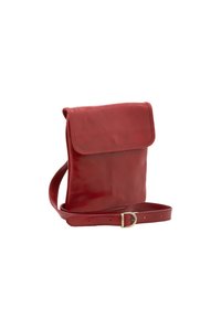 Borsa a tracolla in pelle rossa con chiusura a patta, texture liscia, tracolla regolabile e dettagli di cucitura sottili.