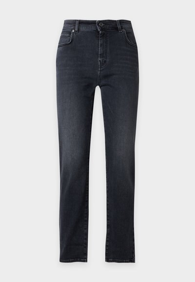 Jean en denim noir à jambes droites avec fermeture avant par bouton et zip, passants pour ceinture et style cinq poches.