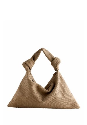 Woven tan handbag with a triangular shape and knotted handles. Textured surface with visible weave pattern. Zippered interior compartment.