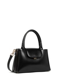 Borsa a tracolla in pelle nera con un design elegante e strutturato, dotata di due manici e una tracolla removibile, accentuata da hardware dorato.