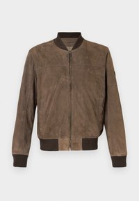 Brown suede bomber jacket with ribbed collar, cuffs, and waistband, front zipper closure, and side pockets.