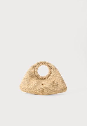 Tan woven straw handbag with a triangular shape and a circular handle. Features a textured surface and no additional hardware or accents.
