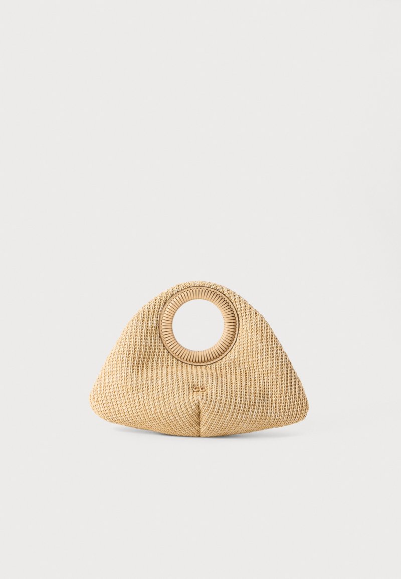 Tan woven straw handbag with a triangular shape and a circular handle. Features a textured surface and no additional hardware or accents.