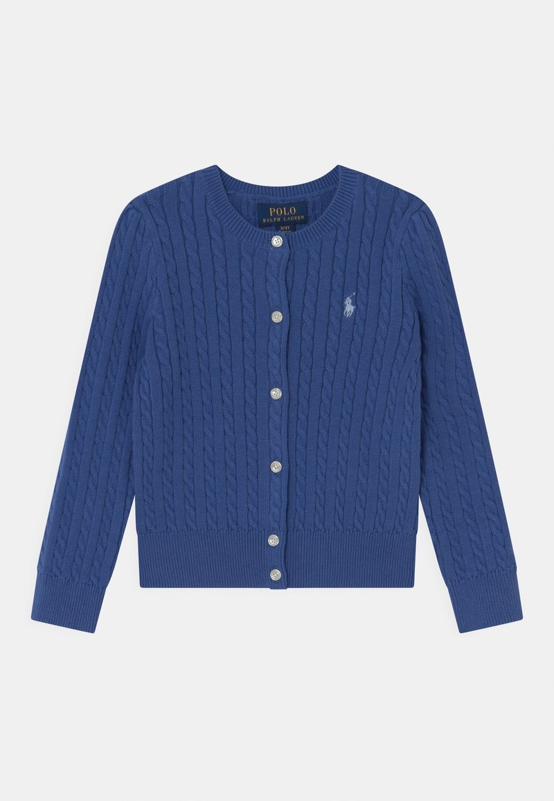 Blaues, kabelgenähtes Cardigan mit gerippten Bündchen und Saum, verfügt über einen runden Halsausschnitt und eine Knopfleiste, verziert mit einem kleinen Logo.